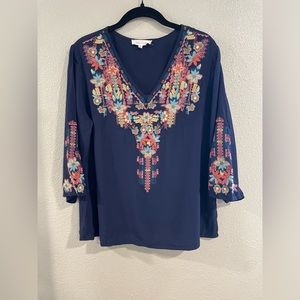 Navy Blue Floral Stitched Blouse
